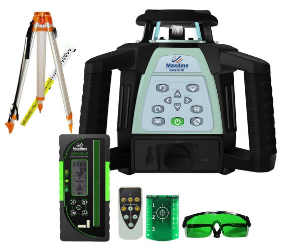 Self Leveling Green Beam Rotary Laser Level w Digital Receiver Tripod Staff
